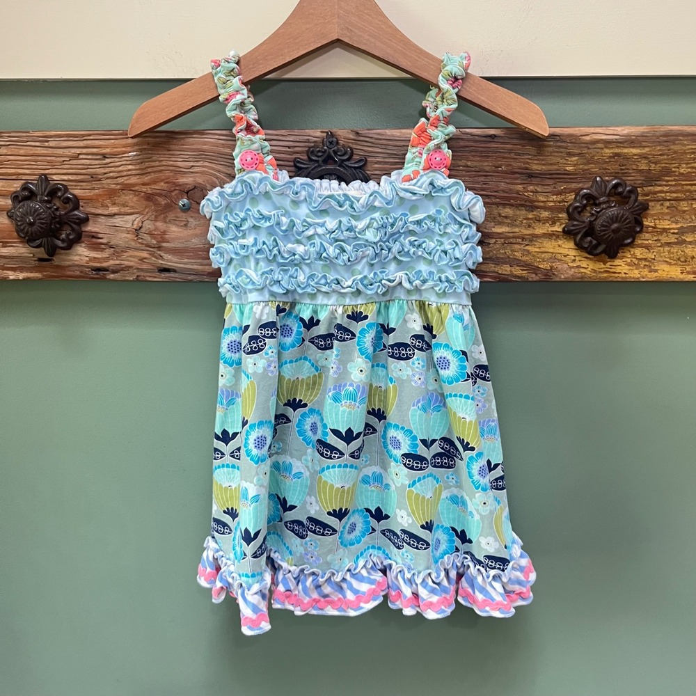 Matilda Jane Girls Floral Smocked Ruffle Tunic Dress Size 2 Blue Green Pink